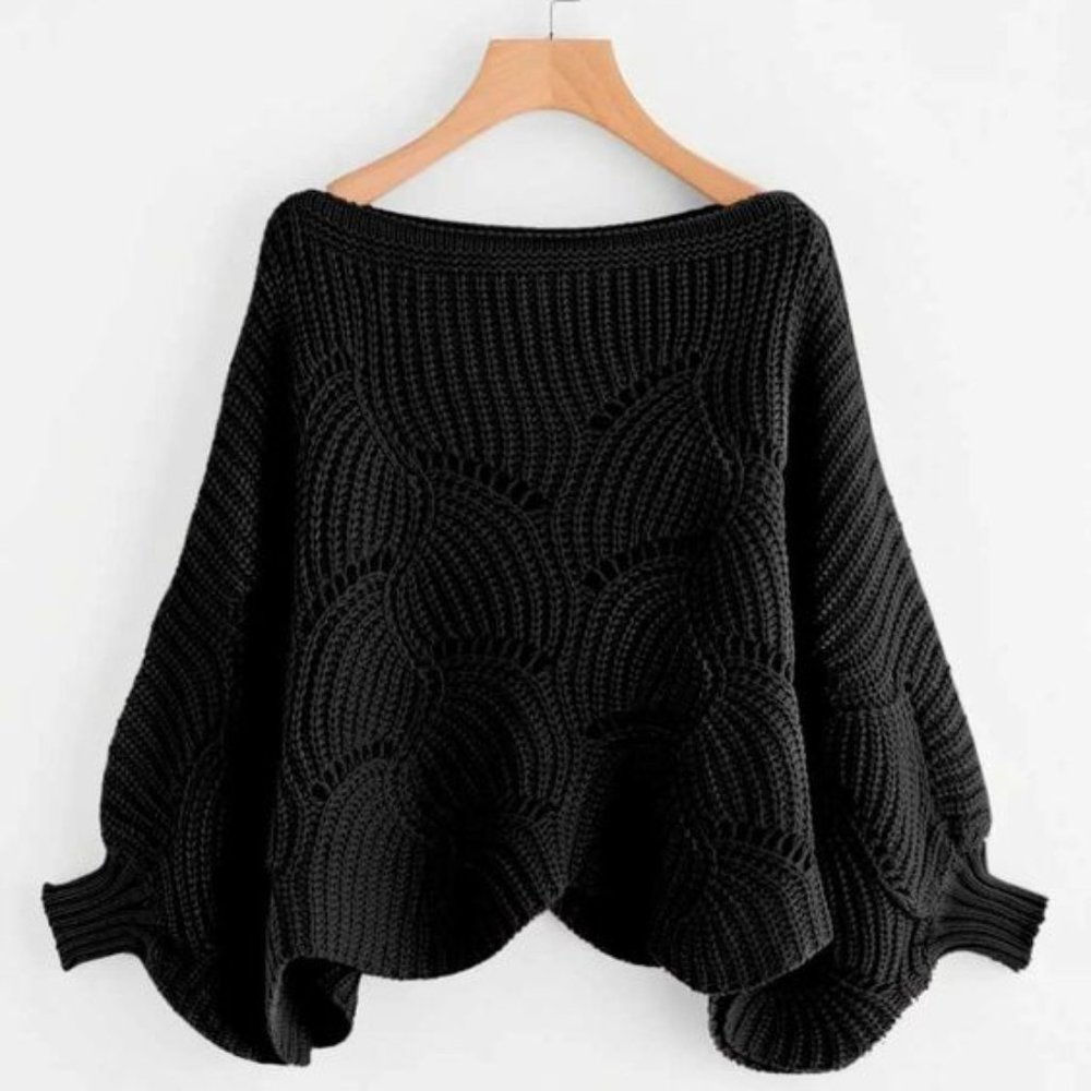 SHEIN Eyelet Detail Dolman Scalloped Sweater